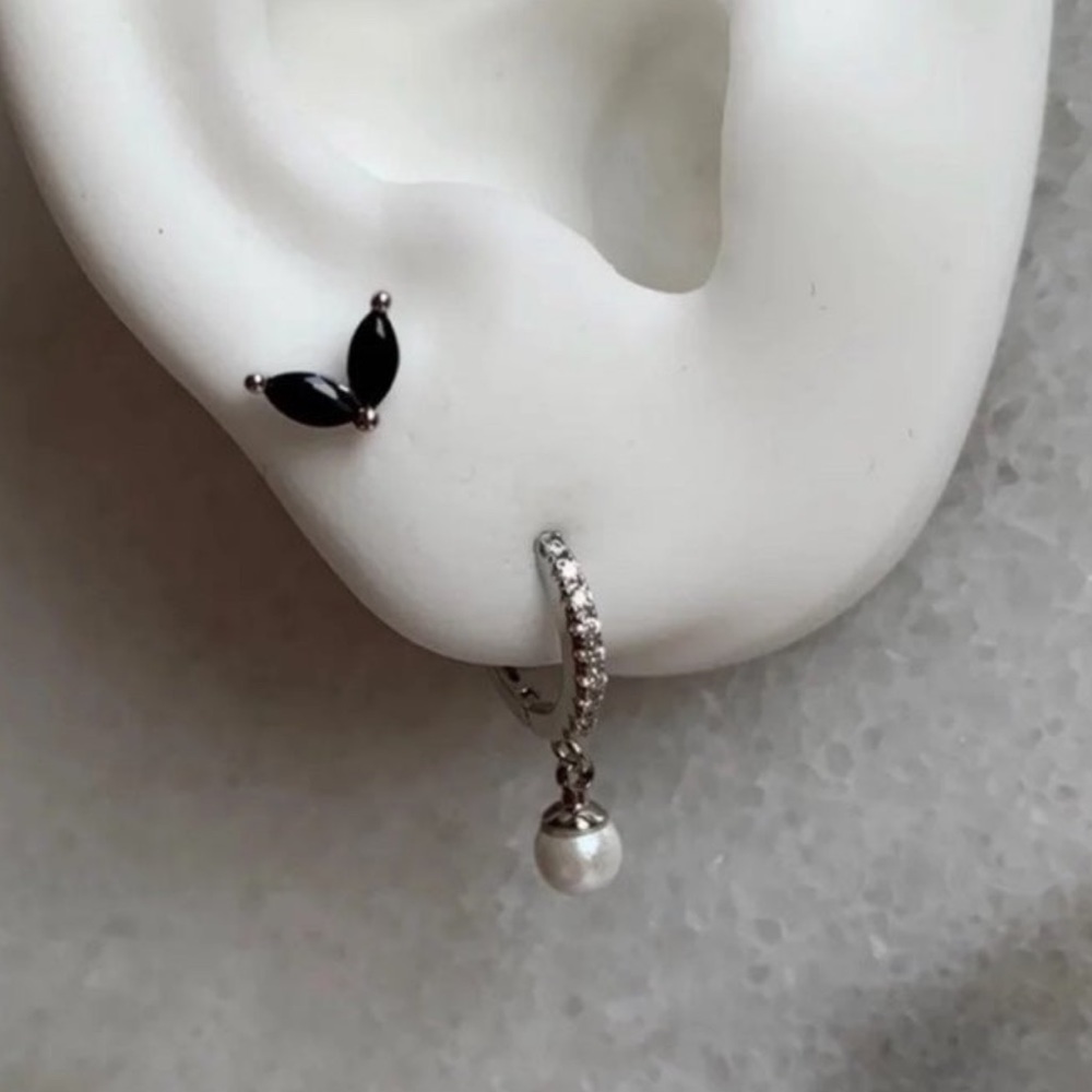 Silver Crystal Paved Pearl Huggie Hoop Earrings